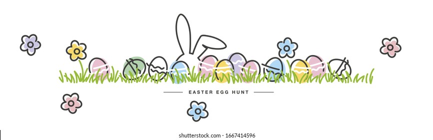 Easter egg hunt line design bunny flowers colorful eggs in grass Happy Easter white greeting card