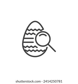 Icono de la línea de caza de huevos en Pascua. Huevo de Pascua y signo de estilo lineal de cristal de magnificación para concepto móvil y diseño web. Buscando huevos ocultos contorno icono vector. Símbolo, ilustración del logotipo.