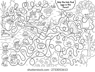 Ostereiersuche Labyrinth für Kinder mit Waldszene, Jungen und Mädchen mit Körben. Schwarz-weißes Labyrinth-Spiel mit Kindern auf der Suche nach Eiern im Wald. Frühlingsferien Malvorlage
