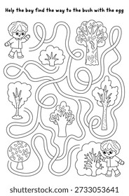 Easter egg hunt line maze for children with boy searching the way bush. Black and white labyrinth game with kid searching for eggs. Spring holiday printable activity, worksheet, coloring page with trees
