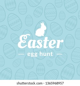 Easter Egg hunt logo design concept with little bunny silhouette. Eggs pattern blue background. - Vector