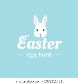 Easter Egg hunt logo design with cute white bunny rabbit head on blue background. Easter traditional event. - Vector