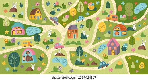 Easter egg hunt map background with houses, roads, bunnies, eggs, trees. Easter concept banner. Flat hand drawn cute vector illustration.