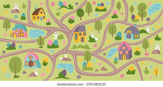 Easter egg hunt map background with houses, paths, trees, hidden bunnies and eggs. Easter concept banner. Flat hand drawn illustration.