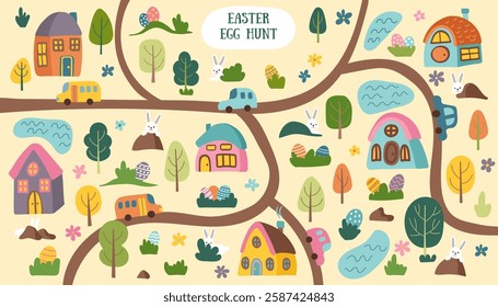 Easter egg hunt map banner with houses, bunnies, eggs, trees and roads. Easter concept background. Flat hand drawn cute vector illustration.