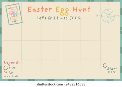 In: Easter Egg Hunt Map. Leere Questkarte mit Anweisungen, Kompass und Rahmen. Suche und finde Hinweise. Druckbare Vektorgrafik für Kinder.