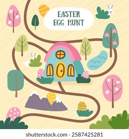 Easter egg hunt map card with house, road, trees, hidden bunnies and eggs. Easter concept background. Vector hand drawn cute illustration.