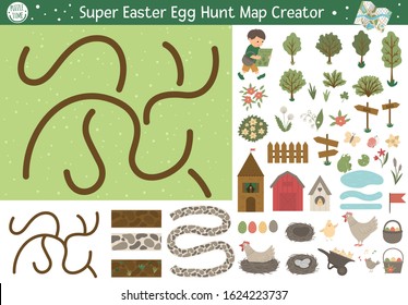 Easter egg hunt map creator. Set of flat cartoon elements for constructing spring activity. Vector garden clip art with seamless brushes for paths