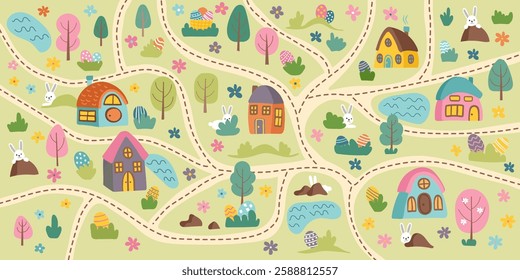 Easter egg hunt map nature background with houses, paths, hidden bunnies, eggs, trees. Easter concept banner. Flat hand drawn cute vector illustration.