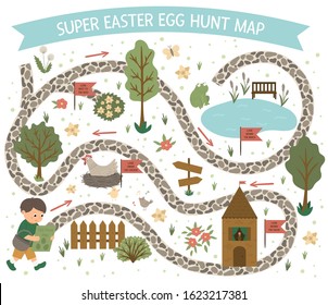 Easter Egg Hunt Map. Set Of Flat Spring Cartoon Elements. Vector Garden Scene With Cute House, Fence, Colored Eggs, Pond. 