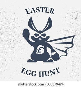 Easter egg hunt mascot vector illustration. Superhero easter rabbit design.