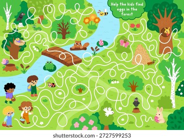 Ostereiersuche Labyrinth für Kinder mit Waldszene, Jungen und Mädchen mit Körben. Detailliertes Labyrinth-Spiel mit süßen Kindern auf der Suche nach Eiern im Wald. Druckbare Aktivität für den Frühlingsurlaub, Arbeitsblatt

