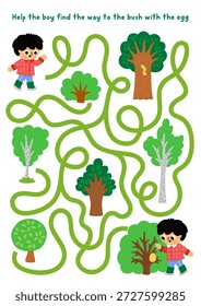 Easter egg hunt maze for children with boy searching the way bush. Cute labyrinth game with kid searching for eggs. Spring holiday printable activity, worksheet with trees
