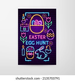 Easter Egg Hunt Neon Flyer. Vector Illustration of Holiday Promotion.