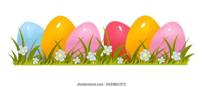 Easter Egg Hunt on Green Grass with Flower. Easter Decoration Element. Vector Illustration in Cartoon Style.