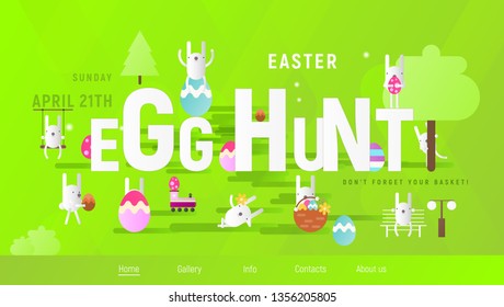 Easter Egg Hunt on Park. Easter Eggs and Cartoon Bunny on Green Background. Spring Greeting Card or Poster. Vector Illustration For Holiday Flyers and Banners Design. Website Template.