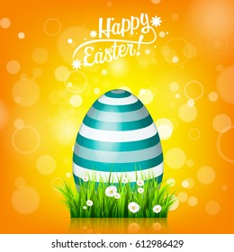 Easter egg hunt. Orange, yellow background. April holidays. Flowers and grass. Abstract banner, card. Spring time. Celebration.