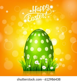 Easter egg hunt. Orange, yellow background. April holidays. Flowers and grass. Abstract banner, card. Spring time. Celebration.