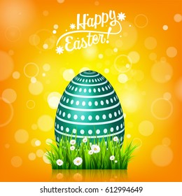 Easter egg hunt. Orange, yellow background. April holidays. Flowers and grass. Abstract banner, card. Spring time. Celebration.
