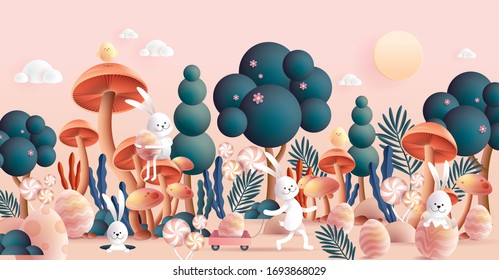 easter egg hunt in the park/garden, vector/illustration