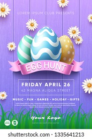 Easter Egg Hunt Party flyer template. Colorful eggs composition. Eps10 vector.