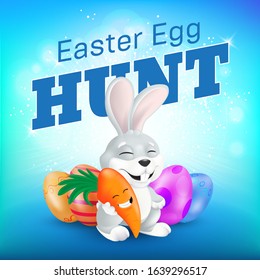 Easter Egg Hunt party flyer or banner template. Cute sitting and laughing bunny character with smiling carrot and decorated eggs. Vector illustration of squinting grey rabbit in 3d cartoon style