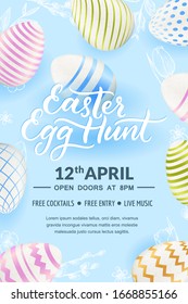 Easter Egg hunt party, hand drawn calligraphy lettering, poster, banner template. Holiday flyer layout with place for text. Vector 3d realistic illustration of Easter eggs and sketch hand drawn leaves