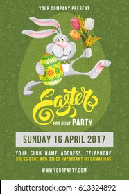 Easter Egg Hunt Party poster design template with cheerful bunny, colored egg on green background with doodle pattern. Calligraphic lettering inscription Easter. Vector Illustration.