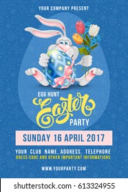 Easter Egg Hunt Party poster design template with cheerful bunny, colored egg on blue background with doodle pattern. Calligraphic lettering inscription Easter. Vector Illustration.