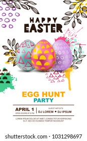 Easter egg hunt party vector poster design template. 3d decorative egg on watercolor splashes abstract background. Concept for banner, flyer, invitation, greeting card, holiday backgrounds.