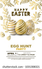 Easter egg hunt party vector poster design template. Golden 3d eggs and gold leves, on white background. Concept for banner, flyer, invitation, greeting card, holiday backgrounds.