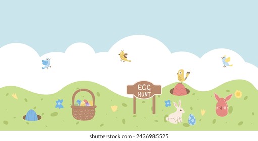 Easter egg hunt plan poster template. Map meadow with rabbit and egg banner. Spring holiday greeting card. Vector illustration.