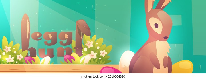 Easter egg hunt poster with bunny and flowers
