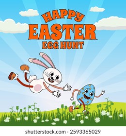 Easter egg hunt poster, bunny hunting for egg. Spring meadow, city park, landscape
