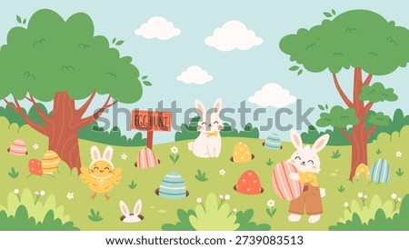 Easter egg hunt poster with bunny, chick, hidden painted eggs. Easter event celebration in spring park. Holiday tradition game for children. Vector illustration in flat style