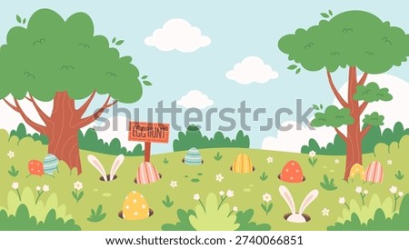 Easter egg hunt poster with bunny, chick, hidden painted eggs. Easter event celebration in spring park. Holiday tradition game for children. Vector illustration in flat style