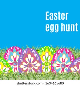 Easter egg hunt poster, card template, vector illustration. Happy Easter background with colorful eggs in grass place for text.