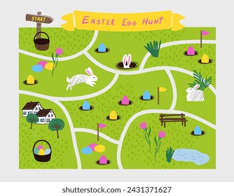 Easter egg hunt poster for children, hand drawn map, cute bunnies, eggs and decorations - great for party invitations, banners, wallpapers, poster, card. rabbits in the clearing, in holes, Easter eggs