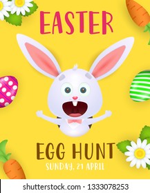 Easter Egg Hunt poster design. Shouting bunny, colored eggs, carrot and flowers on yellow background. Illustration can be used for flyers, invitation cards, event announcement