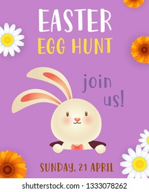 Easter Egg Hunt poster design. Festive bunny and flowers on violet background. Illustration can be used for flyers, invitation cards, event announcement