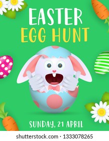Easter Egg Hunt poster design. Excited joyful bunny in broken egg, carrot and flowers on green background. Illustration can be used for flyers, invitation cards, event announcement