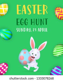 Easter Egg Hunt poster design. Cute baby bunny and colored eggs on green background. Illustration can be used for flyers, invitation cards, event announcement