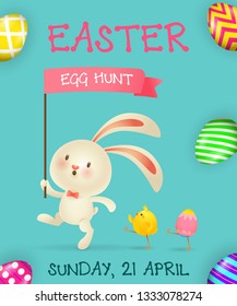 Easter Egg Hunt poster design. Cartoon bunny with flag, chicks and colored eggs on blue background. Illustration can be used for flyers, invitation cards, event announcement