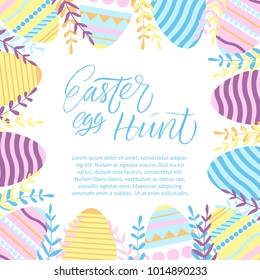 Easter Egg Hunt poster with grass and realistic eggs. Modern brush calligraphy.