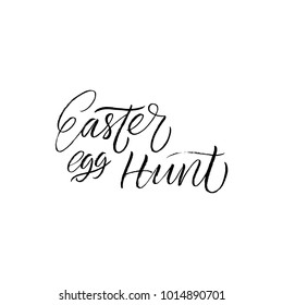 Easter Egg Hunt poster with grass and realistic eggs. Modern brush calligraphy.