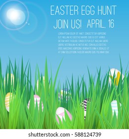 Easter Egg Hunt Poster With Grass And Realistic Eggs.