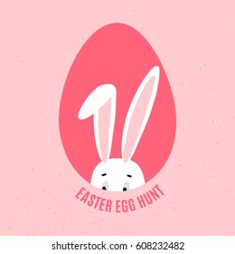 Easter Egg Hunt Poster with hiding bunny. Funny banner in vector isolated on pink background