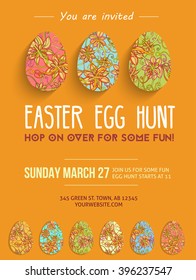 Easter egg hunt poster invintation template. Easter eggs flat thin line hand drawn doodle set. Easter egg decoration. For poster, flyer, banner, web, print, blog post. Easter design elements.