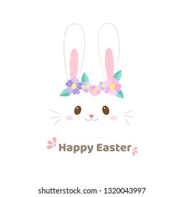 Easter egg hunt poster invitation template vector in pastel color. Cute rabbit face with flowers hand drawn style.