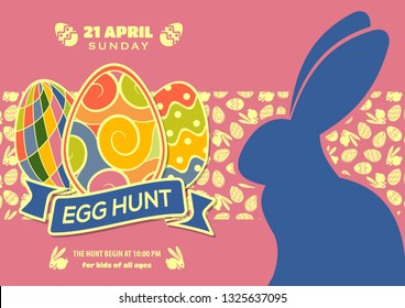 Easter Egg Hunt poster or invitation design with eggs and cute bunny.  Vector illustration.